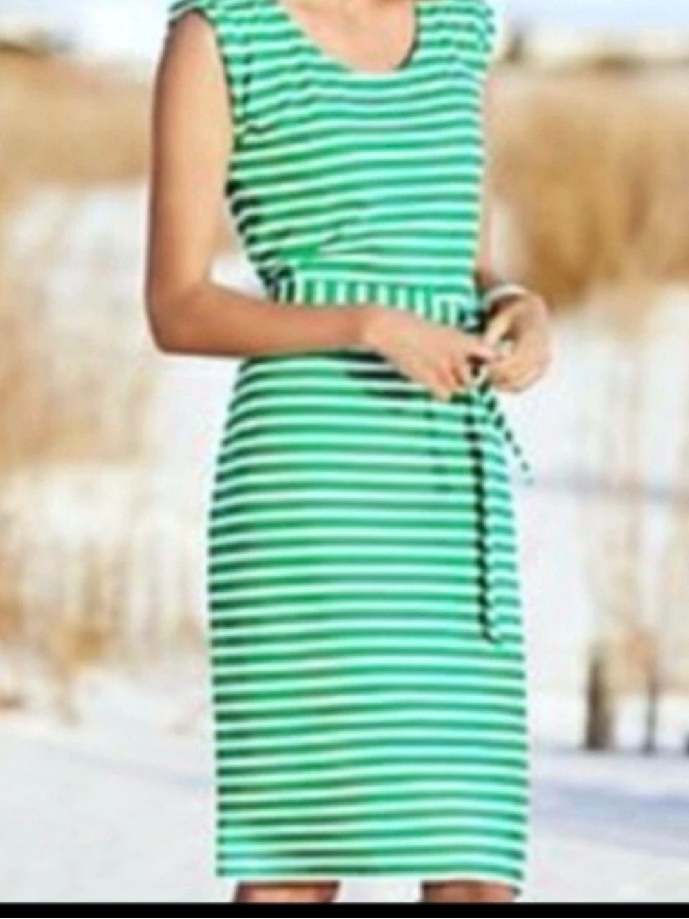 Talbots Mint Green and White Striped Sleeveless Midi Dress with Waist Tie